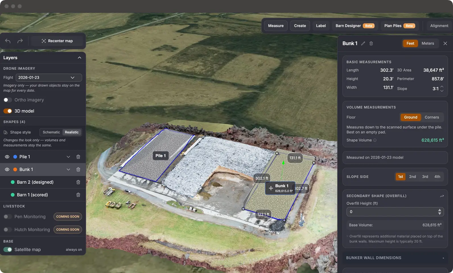 SilagePlan 3D model of a farm feed site with a silage pile and bunker outlined